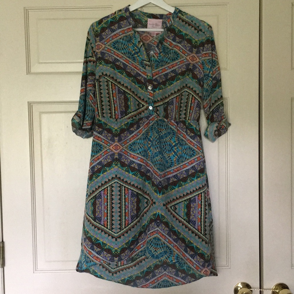 Multi-Color Patterned Long Sleeve High-Low Dress